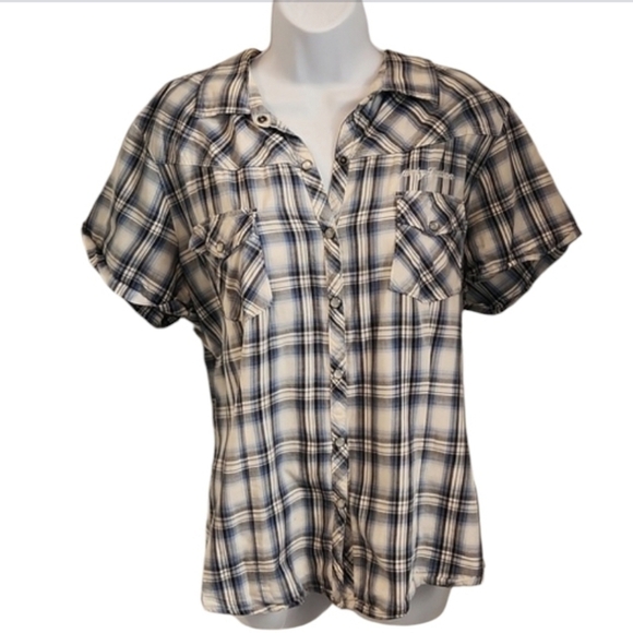 Harle, Davidson Blue Plaid Women's Top With Pearl Buttons. Xl - Picture 2 of 10